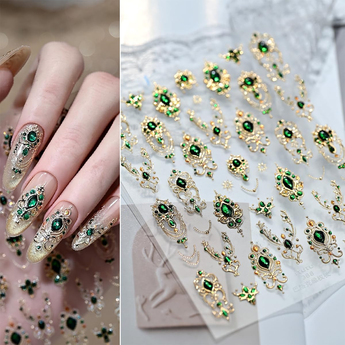 Gold Nail Art Stickers 5D Embossed Green Gem Nail Stickers Luxury Self Style-31