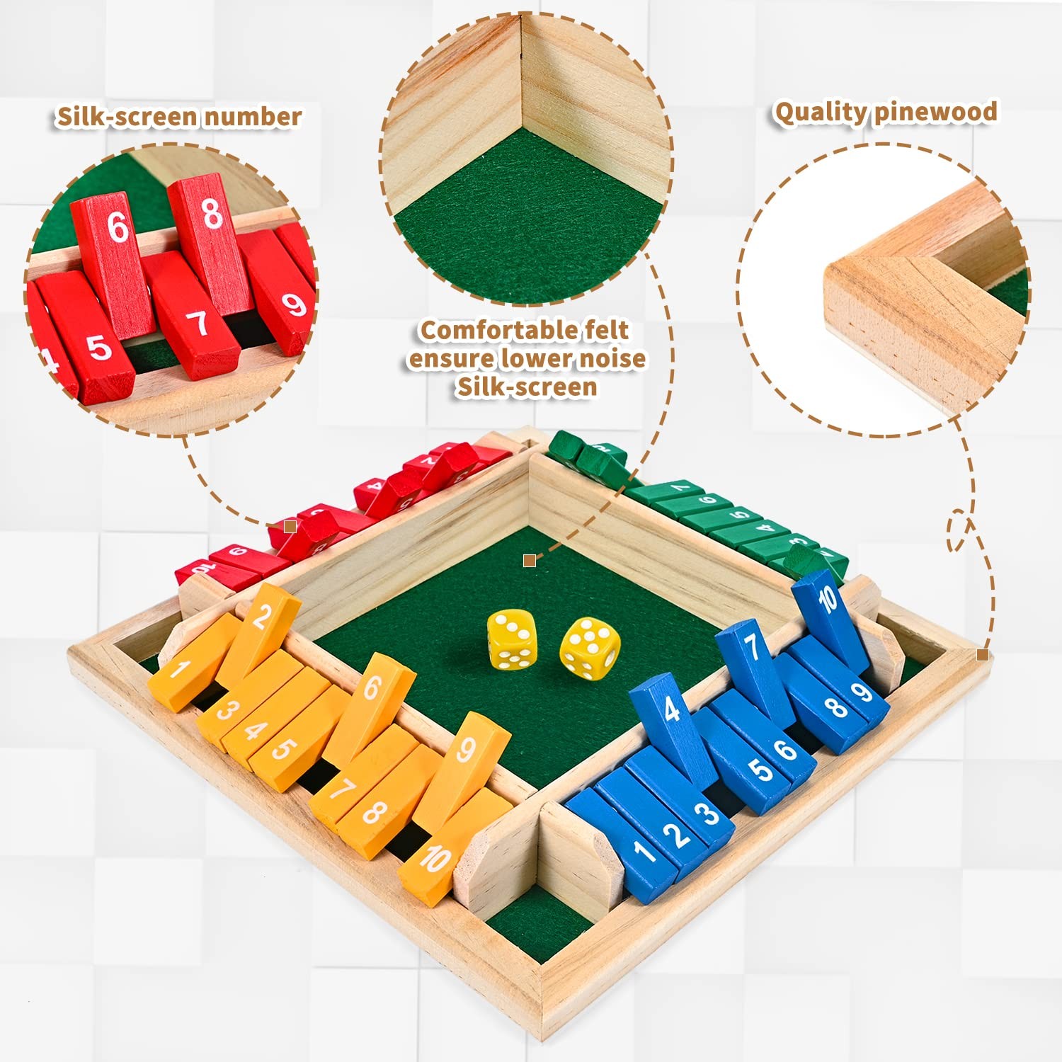 CRETVIS 1-4 Players Shut The Box Dice Game, 10 Numbers 8.7in, Multicolor