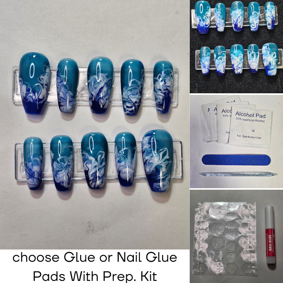 Hand Painted, Long Coffin Press on nails – blue & teal jelly base w/white swirl