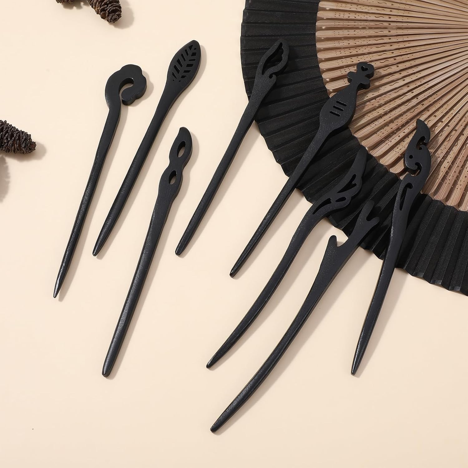 8Pcs Wooden Hair Sticks for Women, Vintage Chinese Chignon Japanese Black