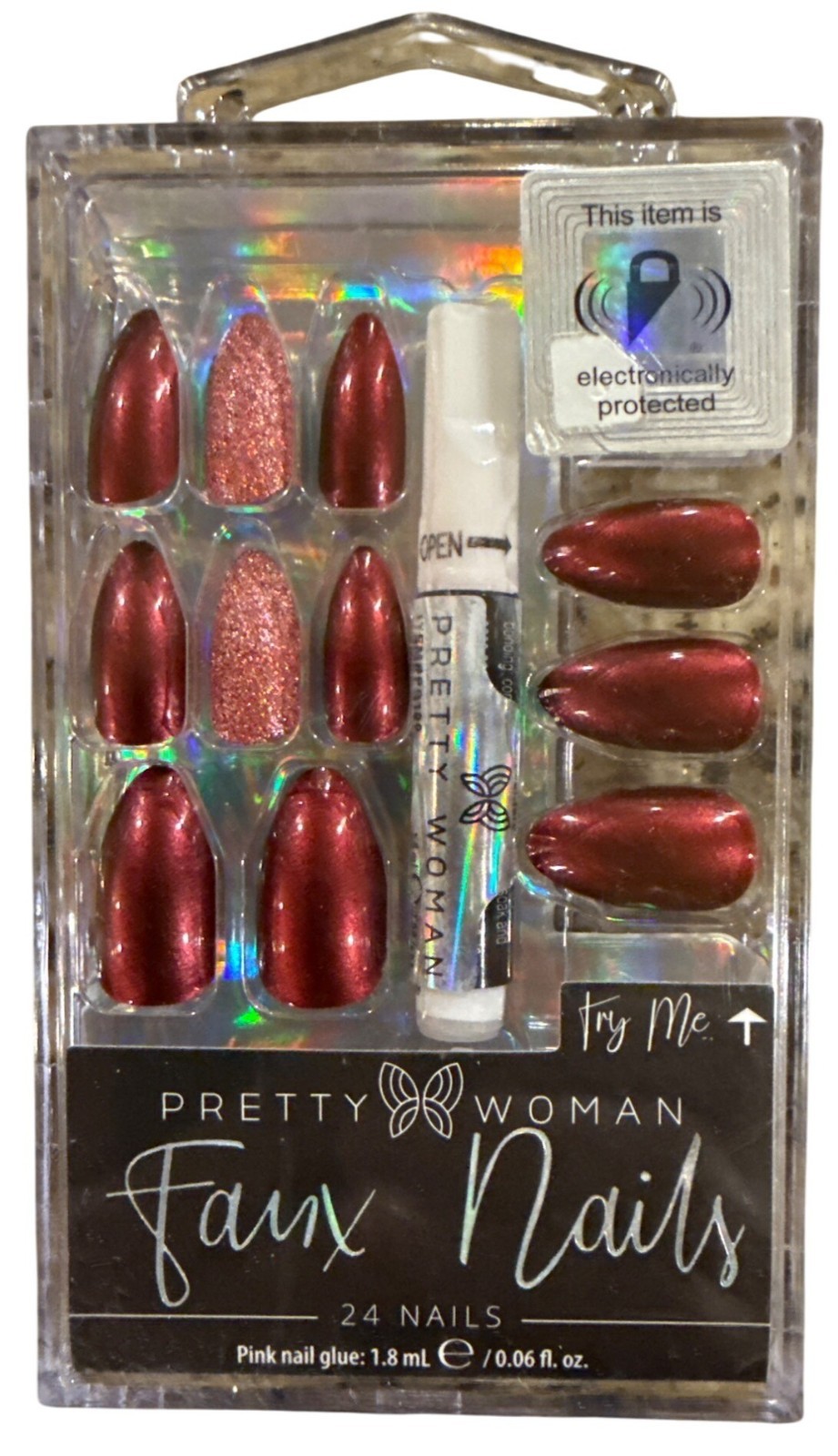 Pretty Woman 24 FAUX NAILS Long Chic Almond Shiny+Glitter Garnet+Red READ!!