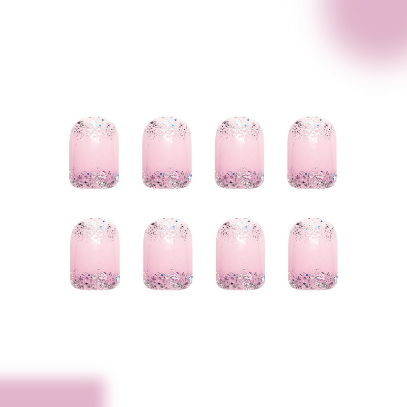 48pcs Soft Pink Nude Glitter French Press on Nails, Clear Diamond Fake Nails