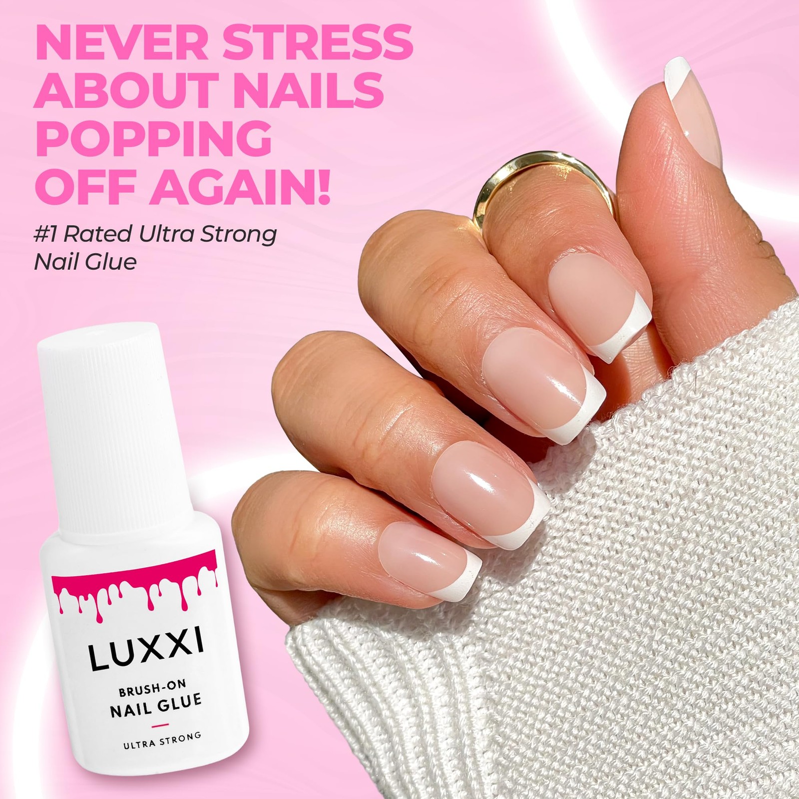 LUXXI Brush On Nail Glue for Press Nails – Precision Applicator, Pink Gel