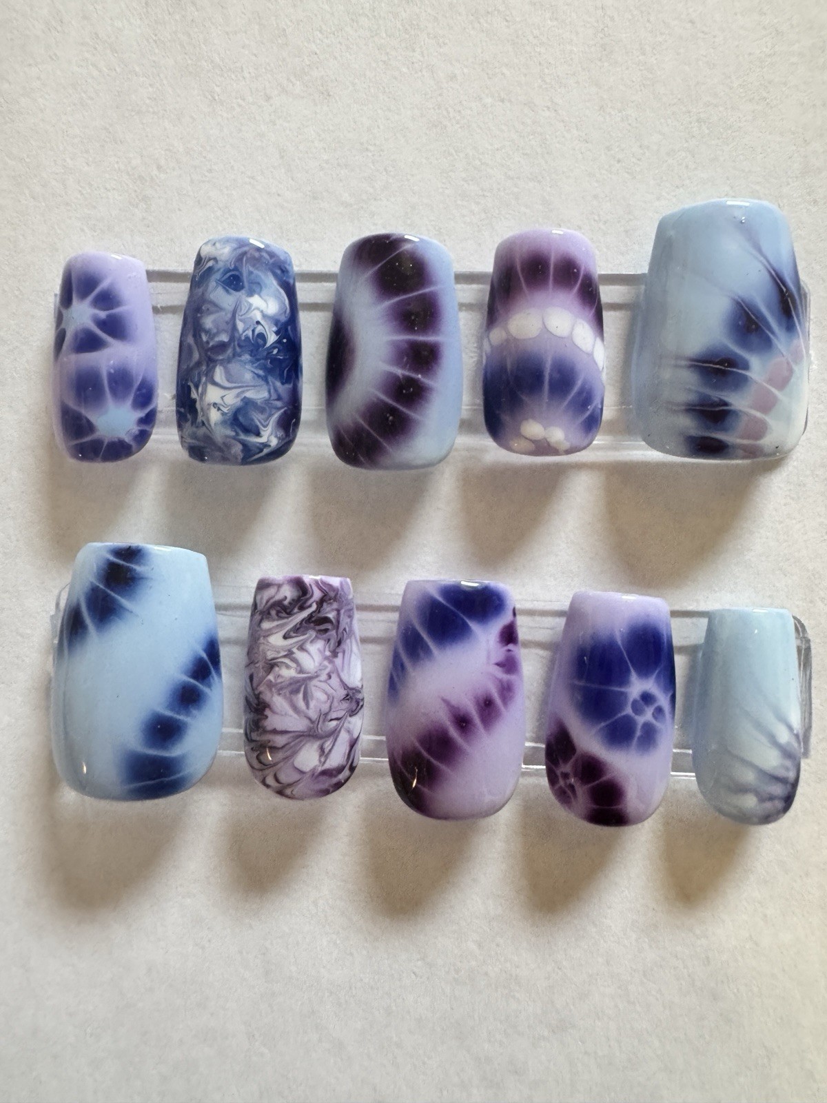 Purple Blue White Tie-Dye Squoval Press-On Nails Set Full Cover