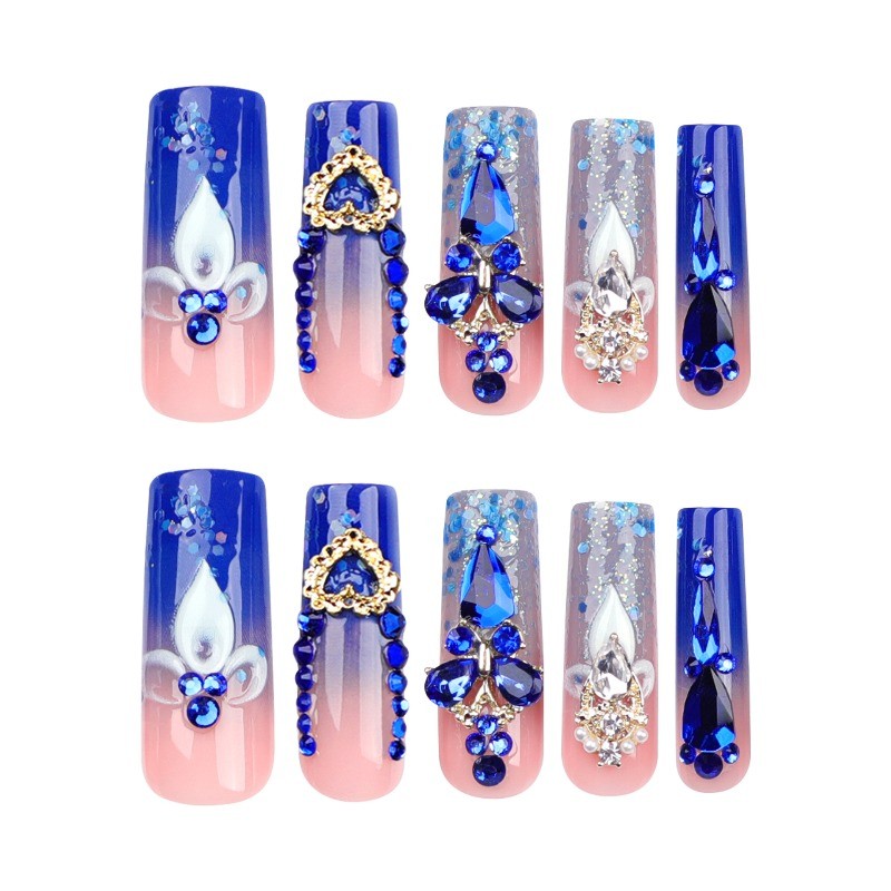 24pcs Luxury Bling Nails Press on Coffin with Blue Ombre and 3D Gem Accents