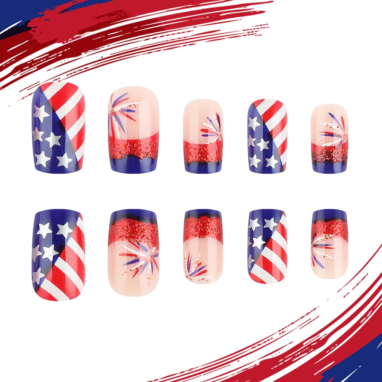 24Pcs 4th of July Press on Nails Short Square Fake July-14, Multicolor