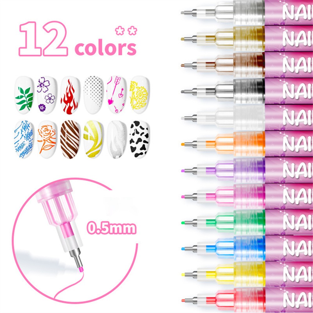 12Pcs Nail Art Pen Marker Set 0.5mm Extra Fine Tip Graffiti Drawing Embellishing