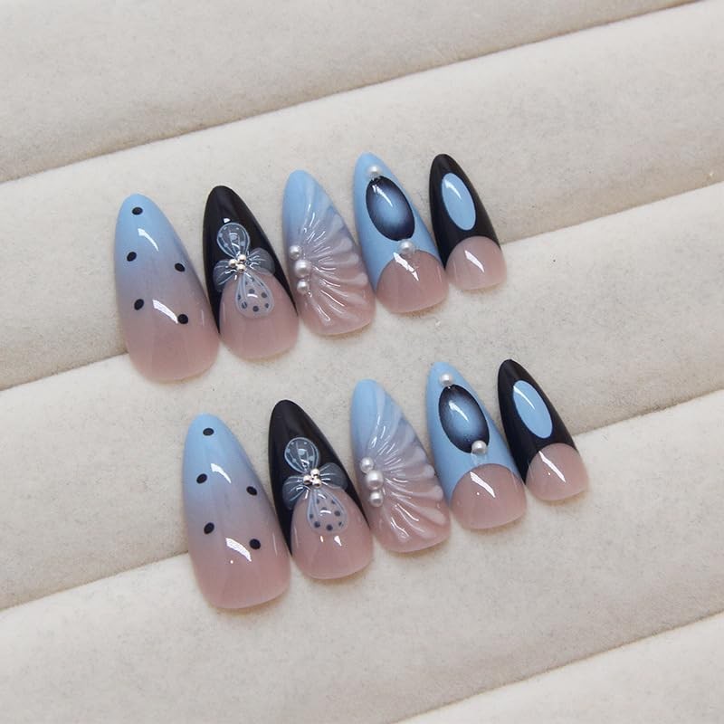 24Pcs Summer Ocean Shells Press on Nails Medium Almond Fake Nails Pink Blue O…