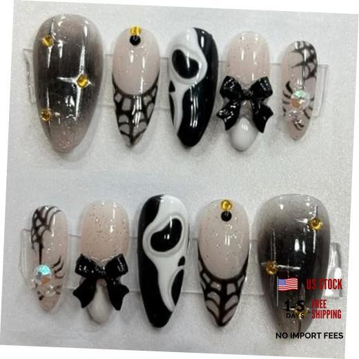 Goth Halloween Press on Nails – Medium Almond Nails with Designs-22