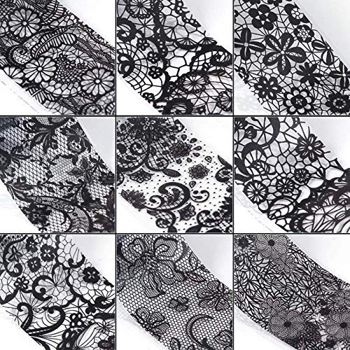 10 Rolls Retro Holographic Nail Foil Transfer Stickers Black Lace Laser Foils
