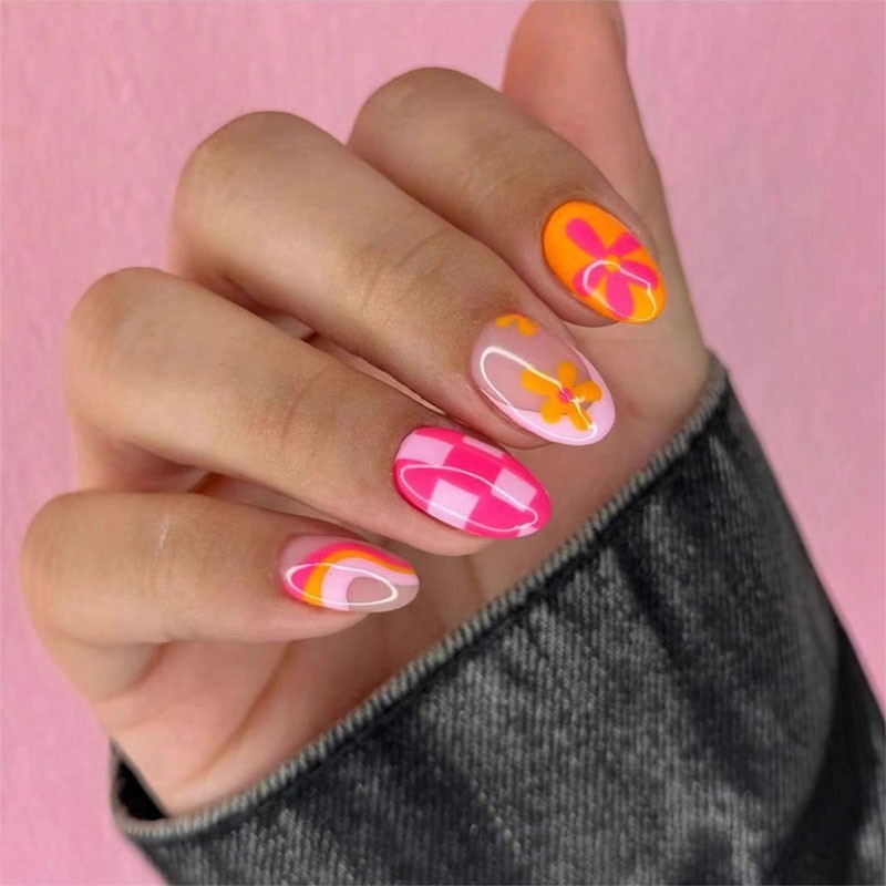 48PCS detachable reusable pink orange flower and checkerboard pattern fake nails