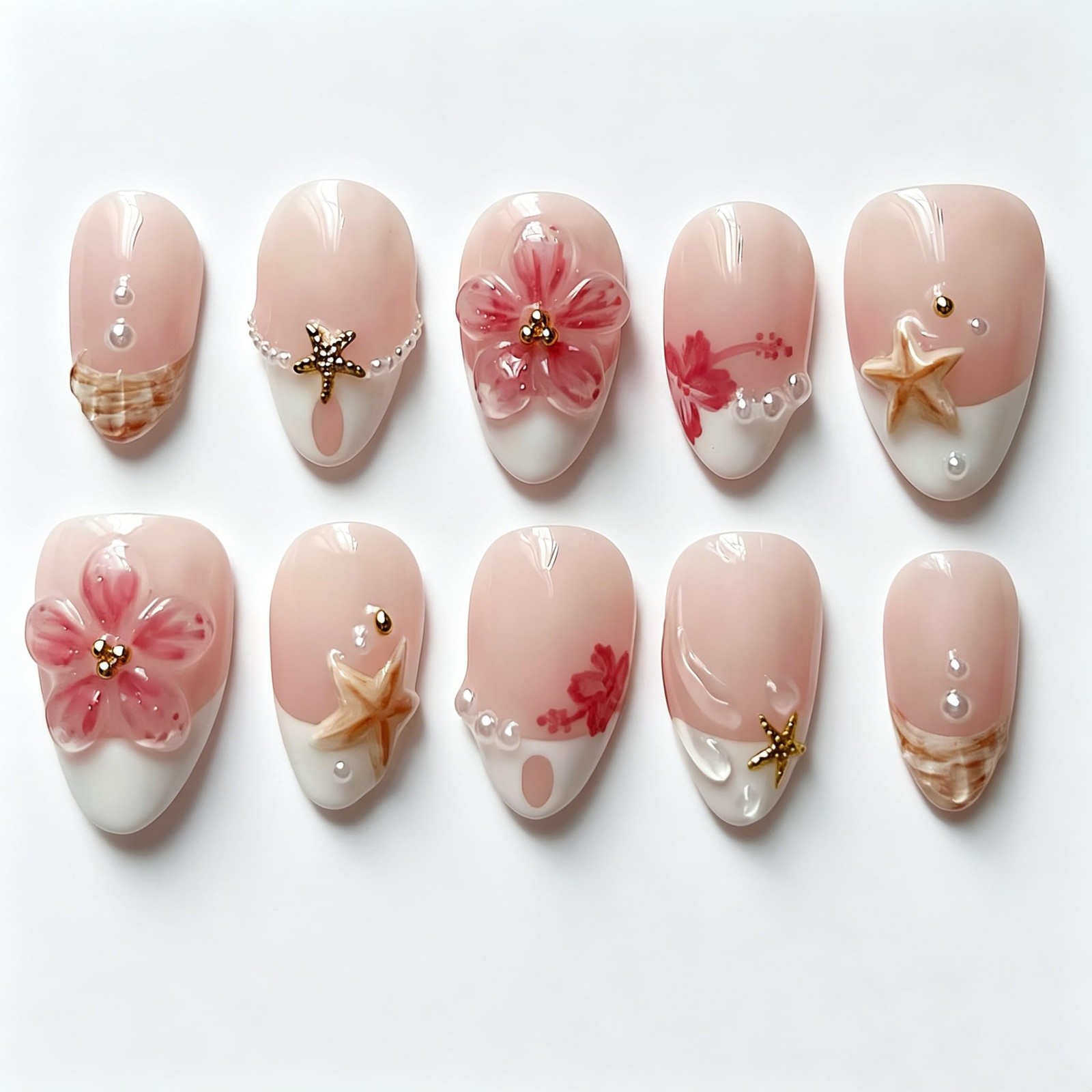 30Pcs Cute Pink Flower Press on Nails Short Almond French Tip Fake Nails with…