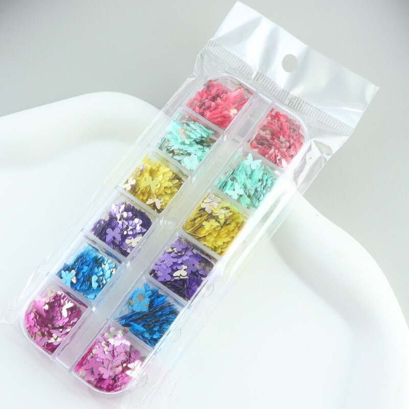 12 Grids Nail Sequins Flakes Art 3D Decoration Butterfly Accessories Glitter Set
