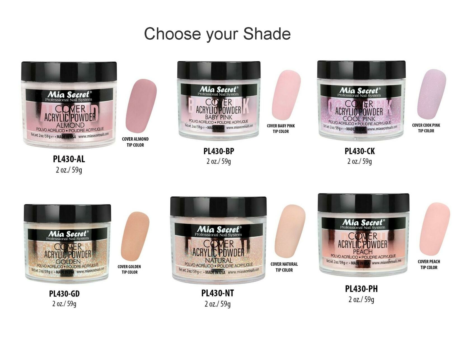 Mia Secret Cover Acrylic Powder Almond Baby Cool Pink Natural Golden Peach 2 oz