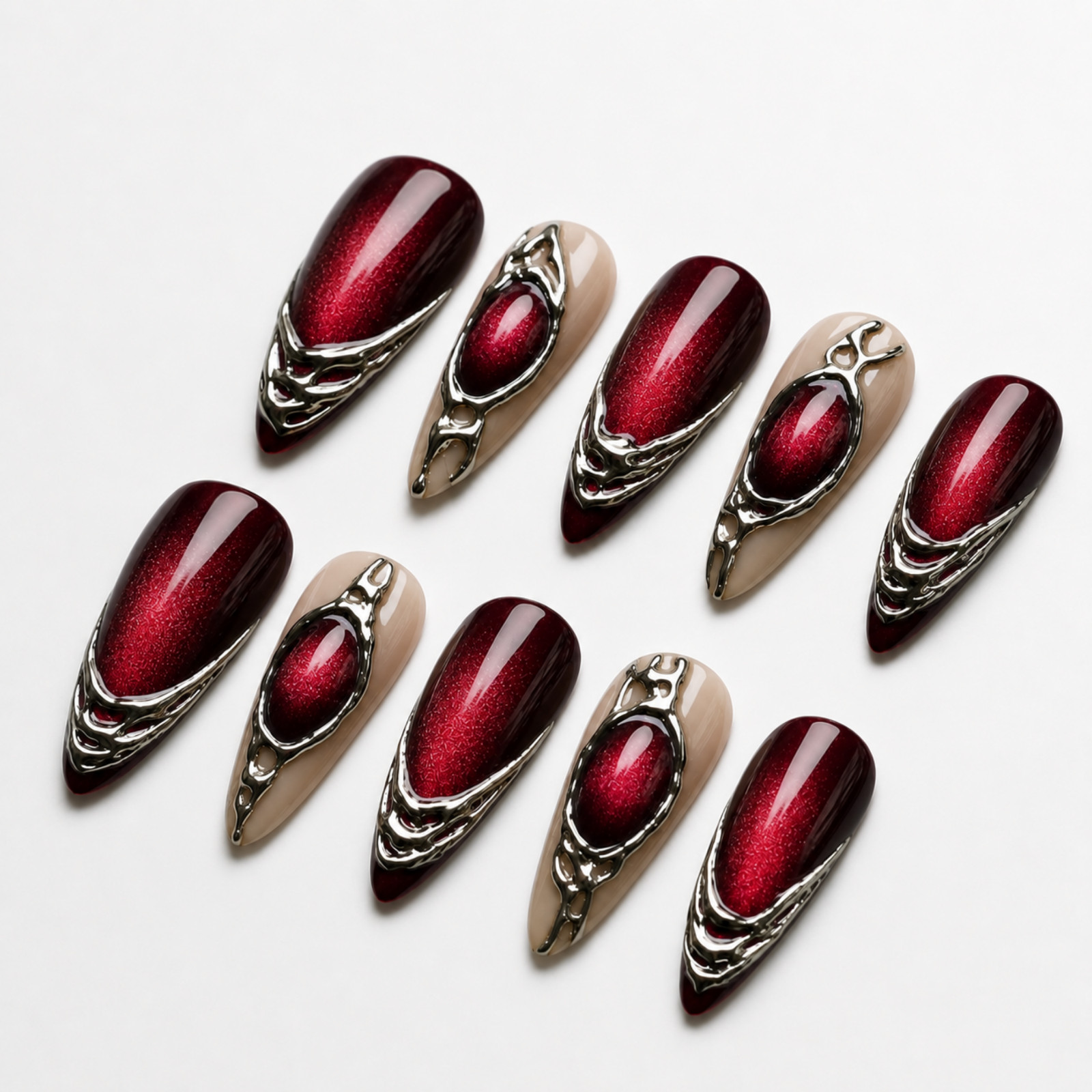 Handmade Red Chrome 3D Press-On Nails Metallic Gothic Nail Set