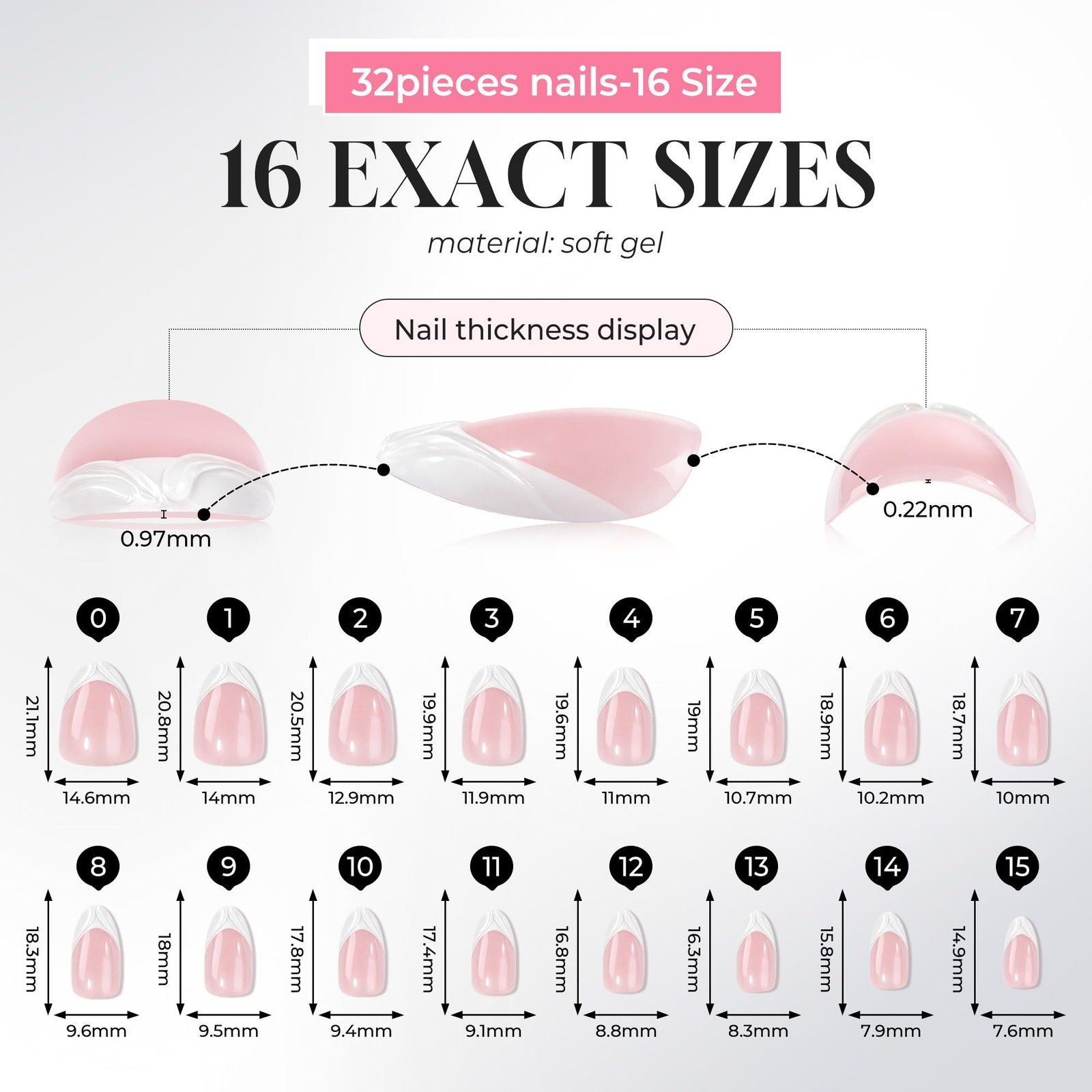UNA GELLA Press on Nails French Tips, 32Pcs 16 Sizes 3D Nude Pink Almond Soft…