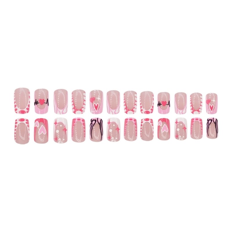 Lovely Pink Heart Designs Press on Nail Medium Square Nail for Fashion Women