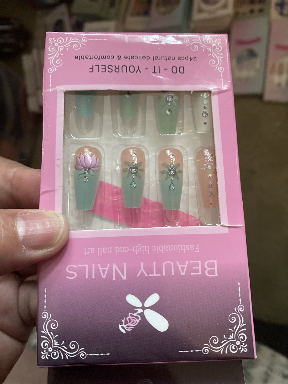 24pcs Water Lily Blue Pink Floral Nail Tips Boxed Glue & Tabs Princess Gradient