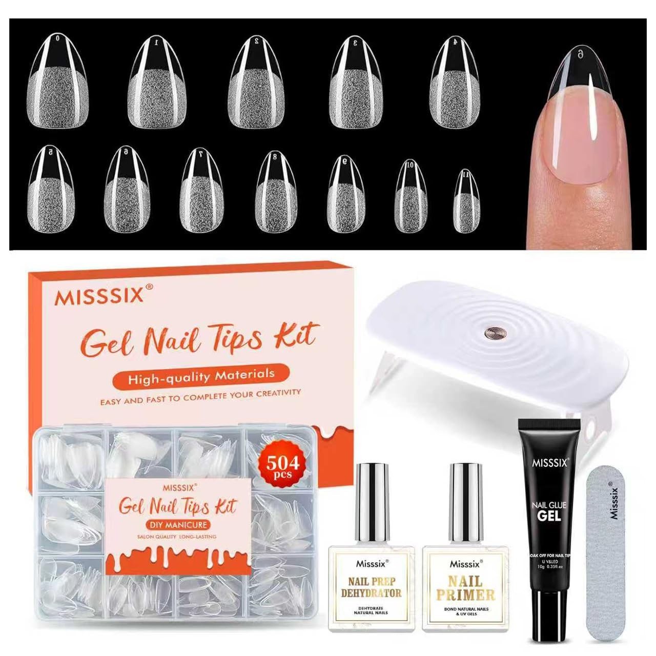 504Pcs Short Almond Nail Tips Kit with Dehydrator, Primer, Gel Glue & Mini UV La