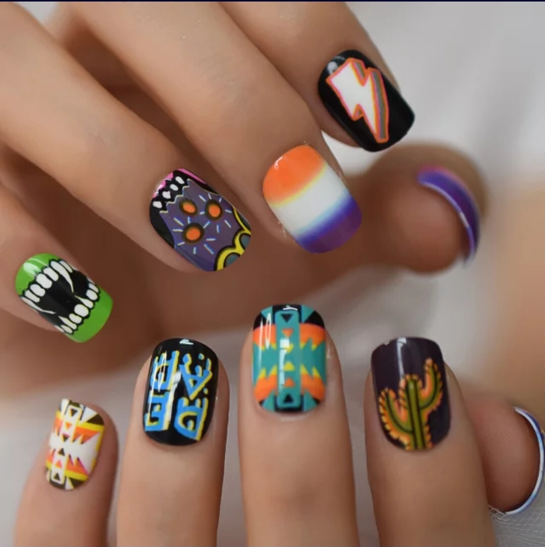 24 Short Press on nails kit w glue harajuku unique funky design black pink green