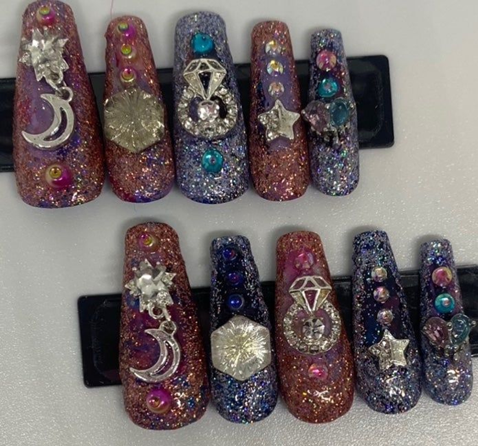 Pink and Blue Glitter Glam Handmade Press On Nail Set