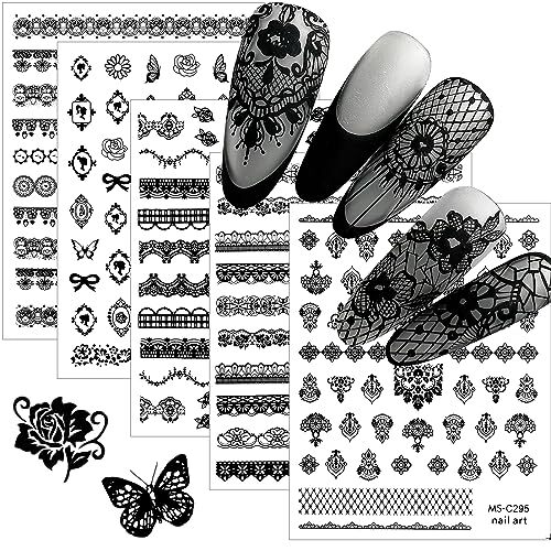9 Sheets Lace Nail Art Stickers, Black Lace Flower Design 3D Self-Adhesive