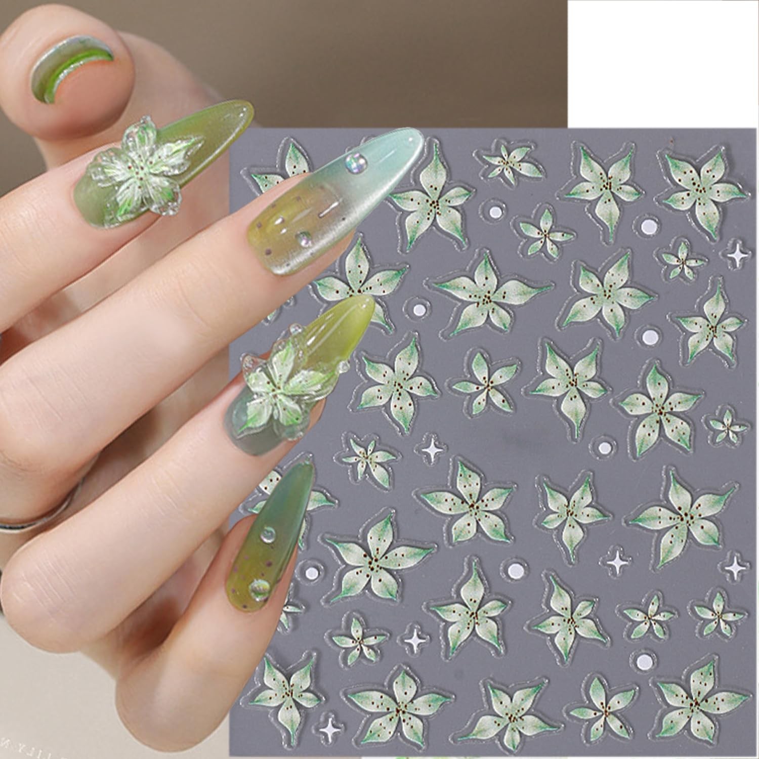 3 Sheets 5D Embossed Flower Nail Stickers Purple Sheet, Pink and Green