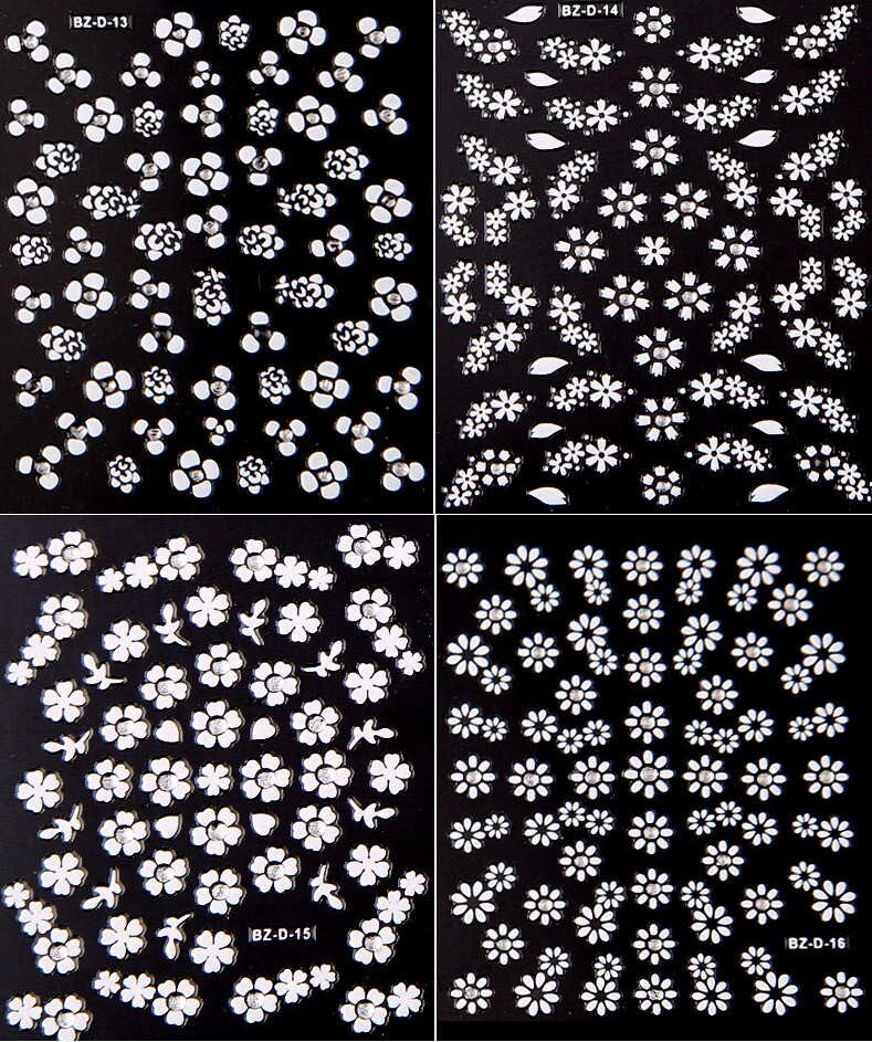4x Sheets White Flower Diamant Effect Mix Design Decal 3D Nail Art Sticker Craft