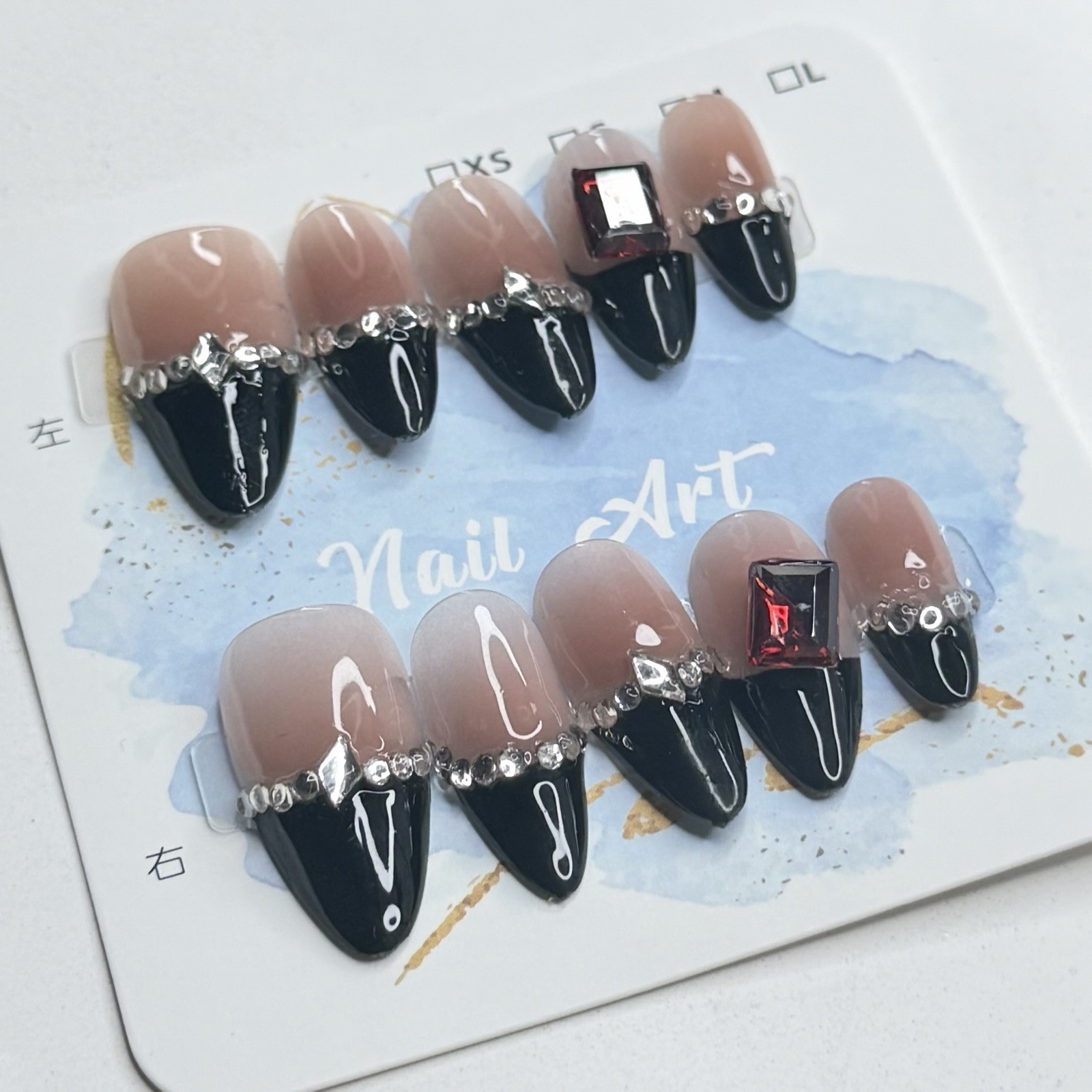 Handmade Black French Tip Press-On Nails Medium Almond Reusable Fake Nail