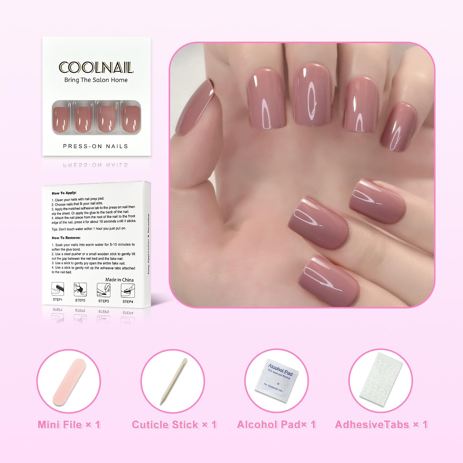 Medium Squoval Glossy Press on Nails Pure Pink UV False Nails Salon Manicure …