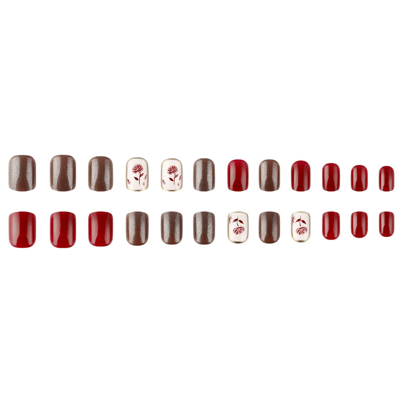 48 Pcs Wine Red Rose Short Square Press on Nails, Vintage Elegant Fake Nails