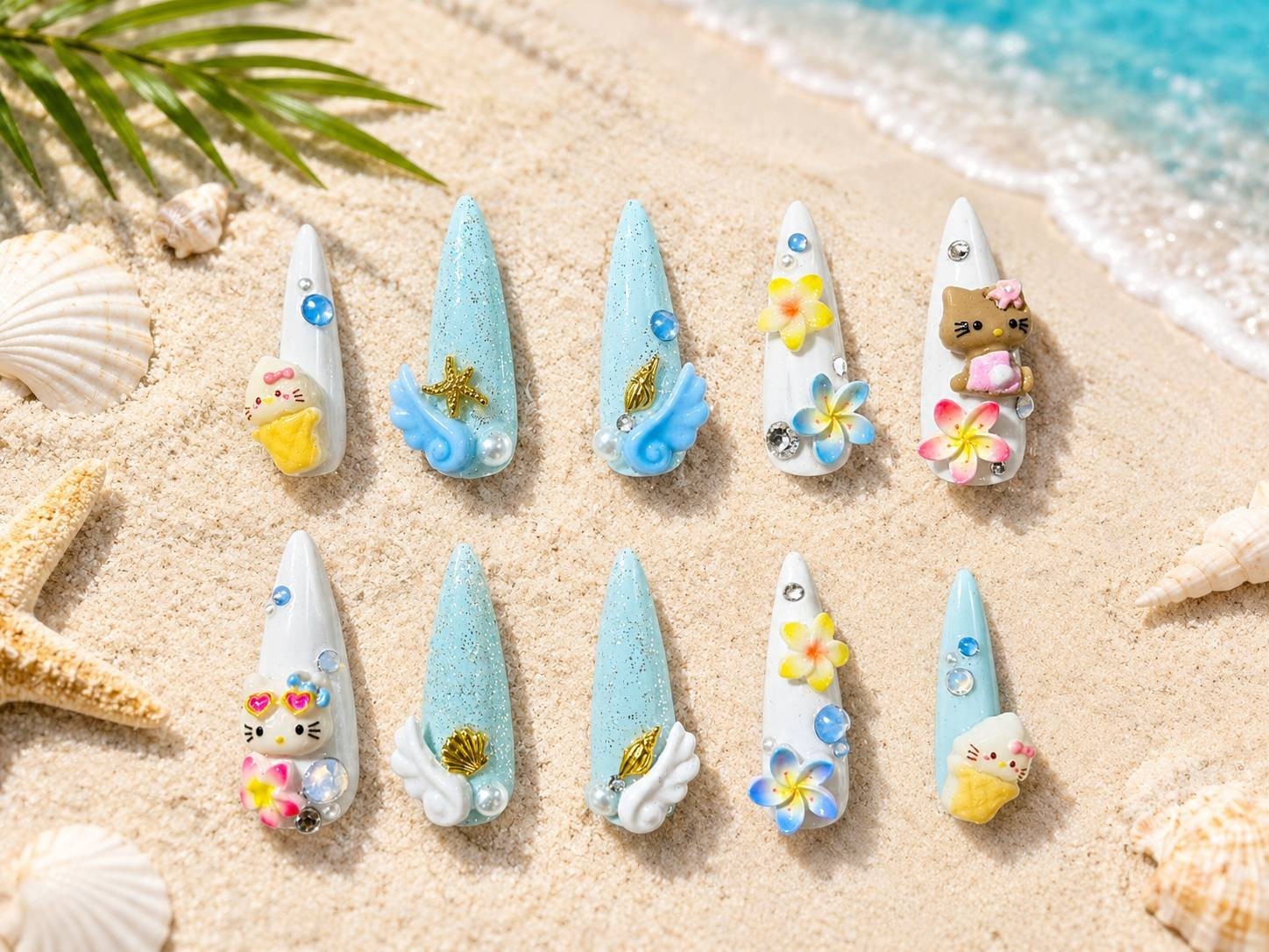 Japanese Handmade Kawaii Summer Press On Nails | Beach Ocean 3D Nail Tips | 10PC