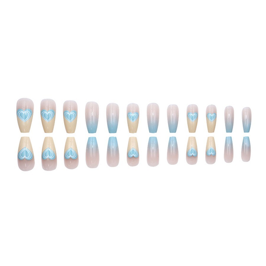 48 Pcs Light Blue Heart Gradient Coffin Press on Nails, Glossy Trendy Fake Nails
