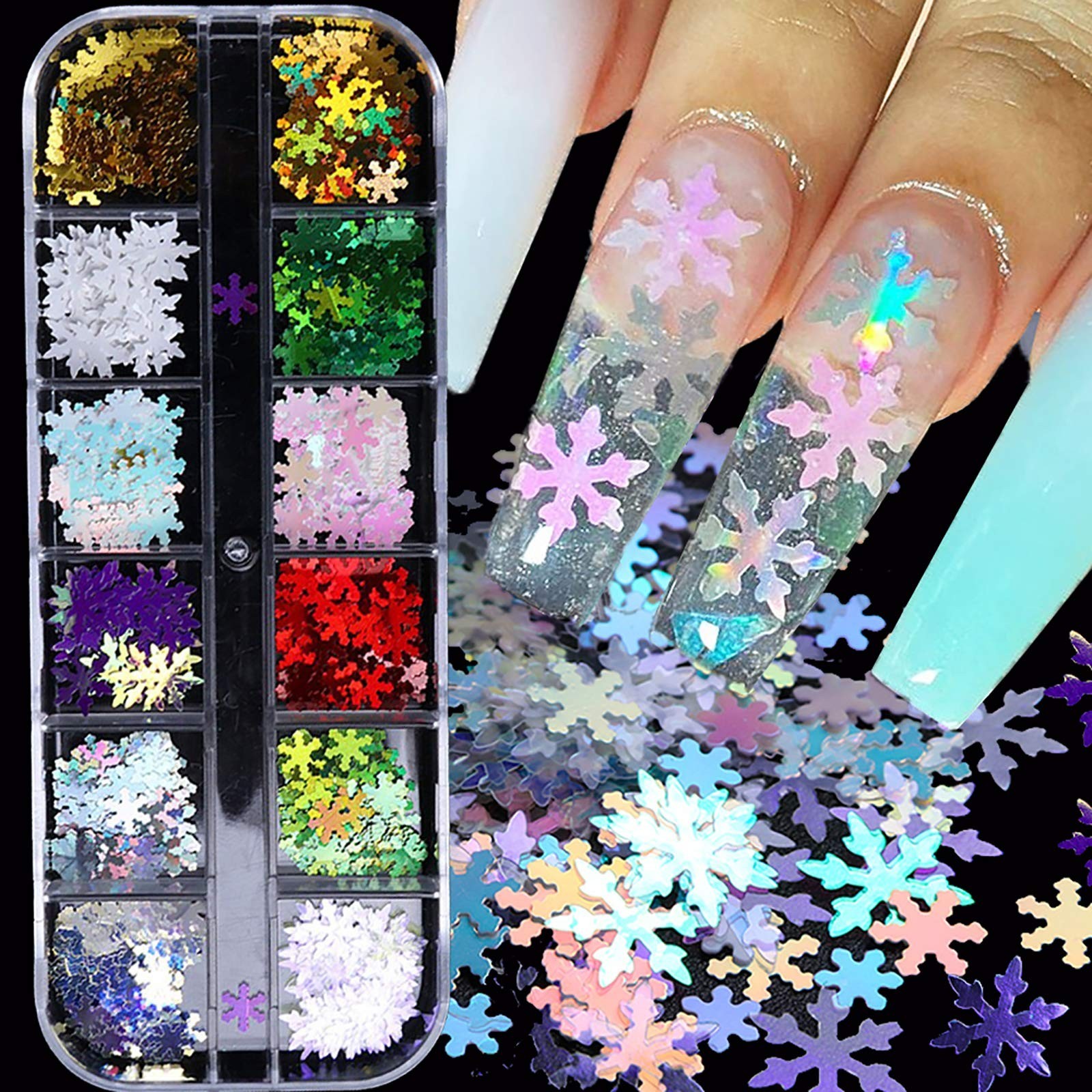 Snowflake Glitter Nail Sequins – 12 Grids 3D Colorful Christmas Holographic N…
