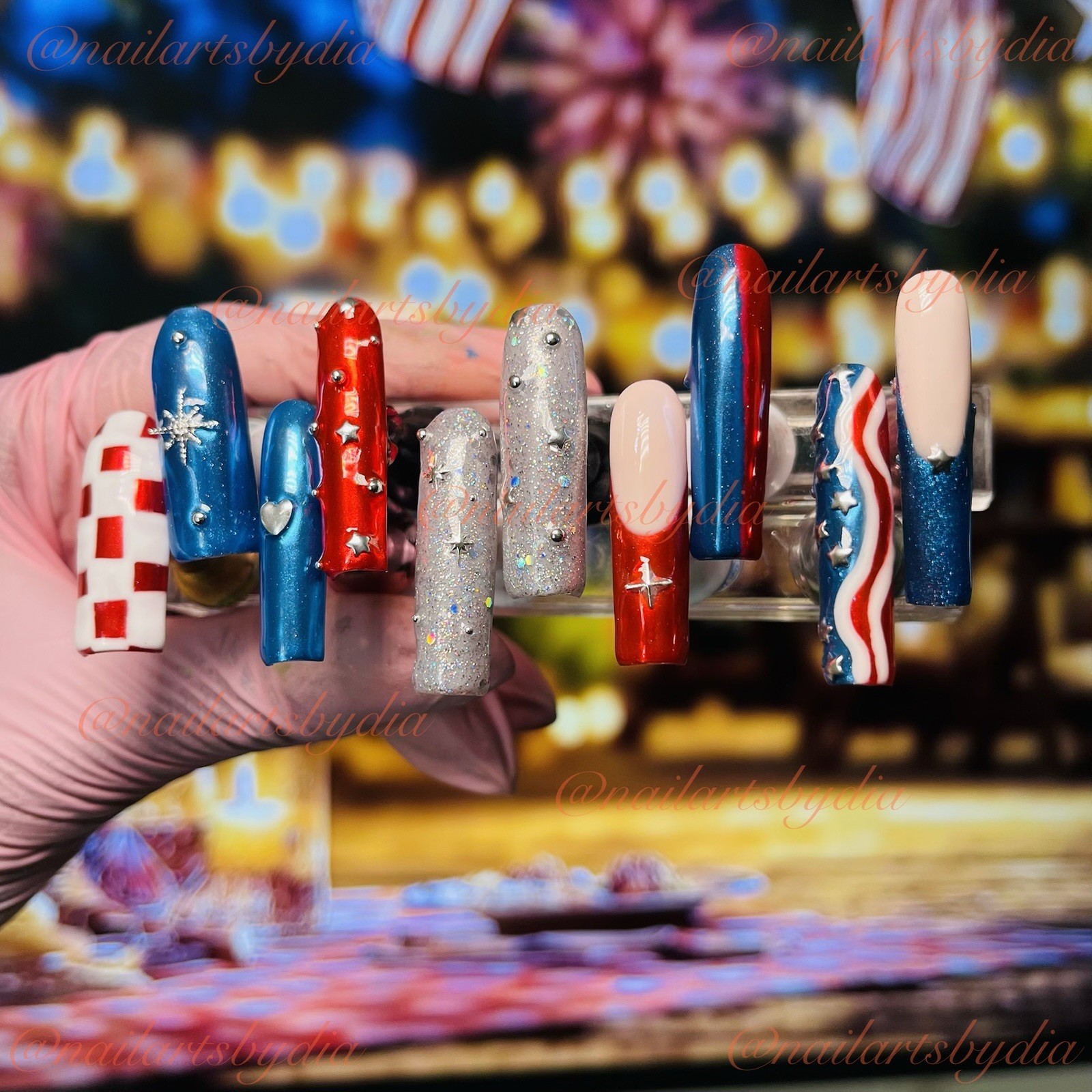 Authentic Nail Arts by Dia Long Coffin Press-On Nails Red White Blue Glitter