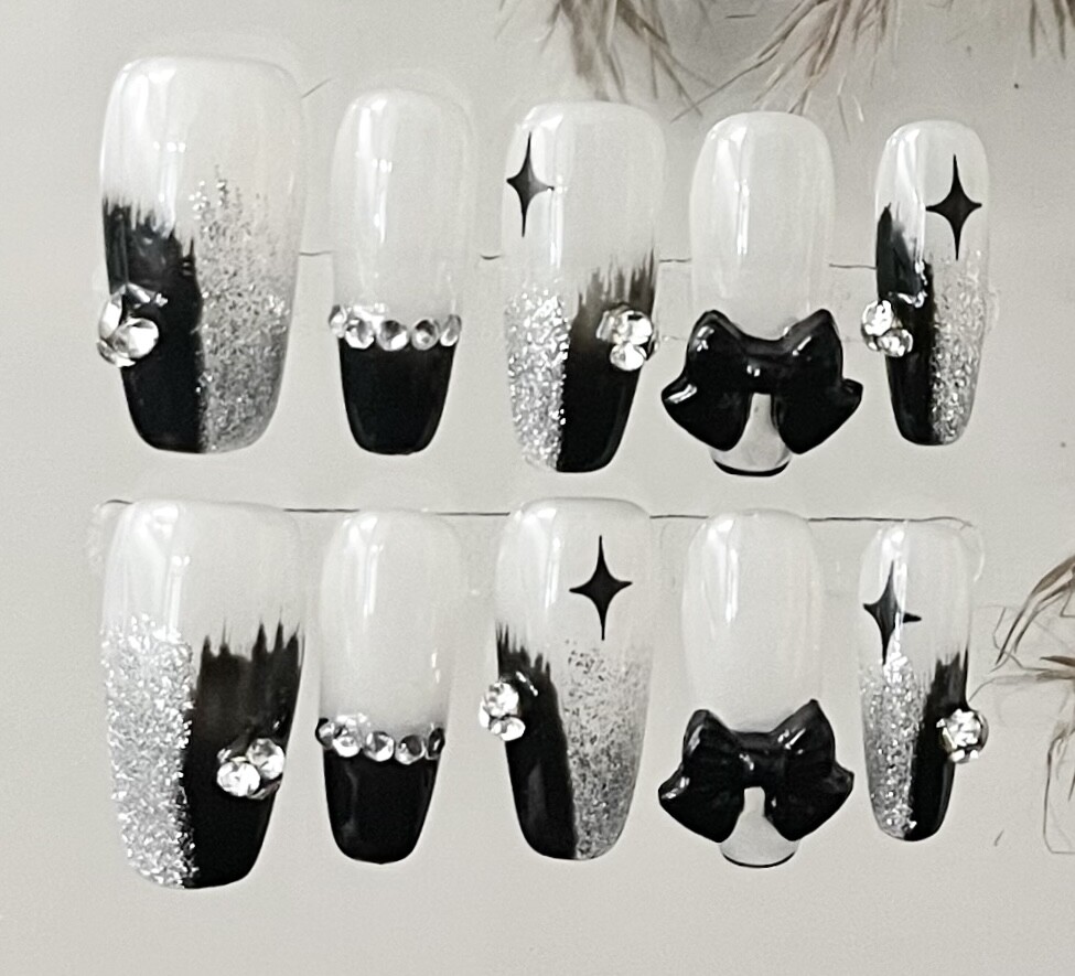 Manicure Handmade Press On Nails 10pc Reusable Artistic Design DIY Long Square
