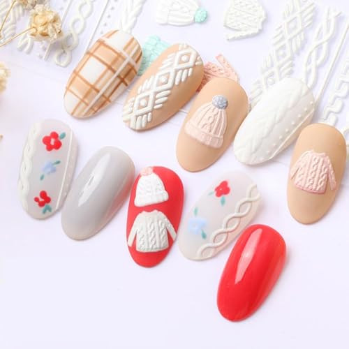 Winter Knit Sweater Cloth Pattern Nail Art Sticker Decals 5D Embossed French