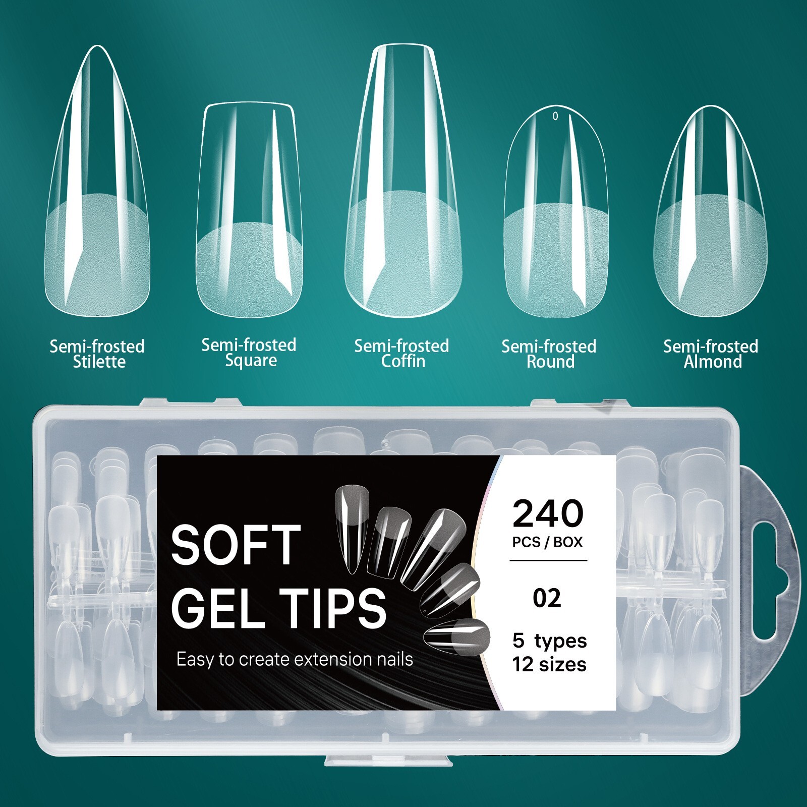 240pcs Nail Plate False Nail Tips 5 Mix Shapes Set Stiletto/Square/Coffin/Almond