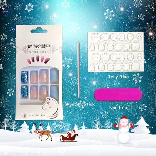 White Snowflake Fake Nails Winter Xmas Press on Nails Blue Christmas Design 467