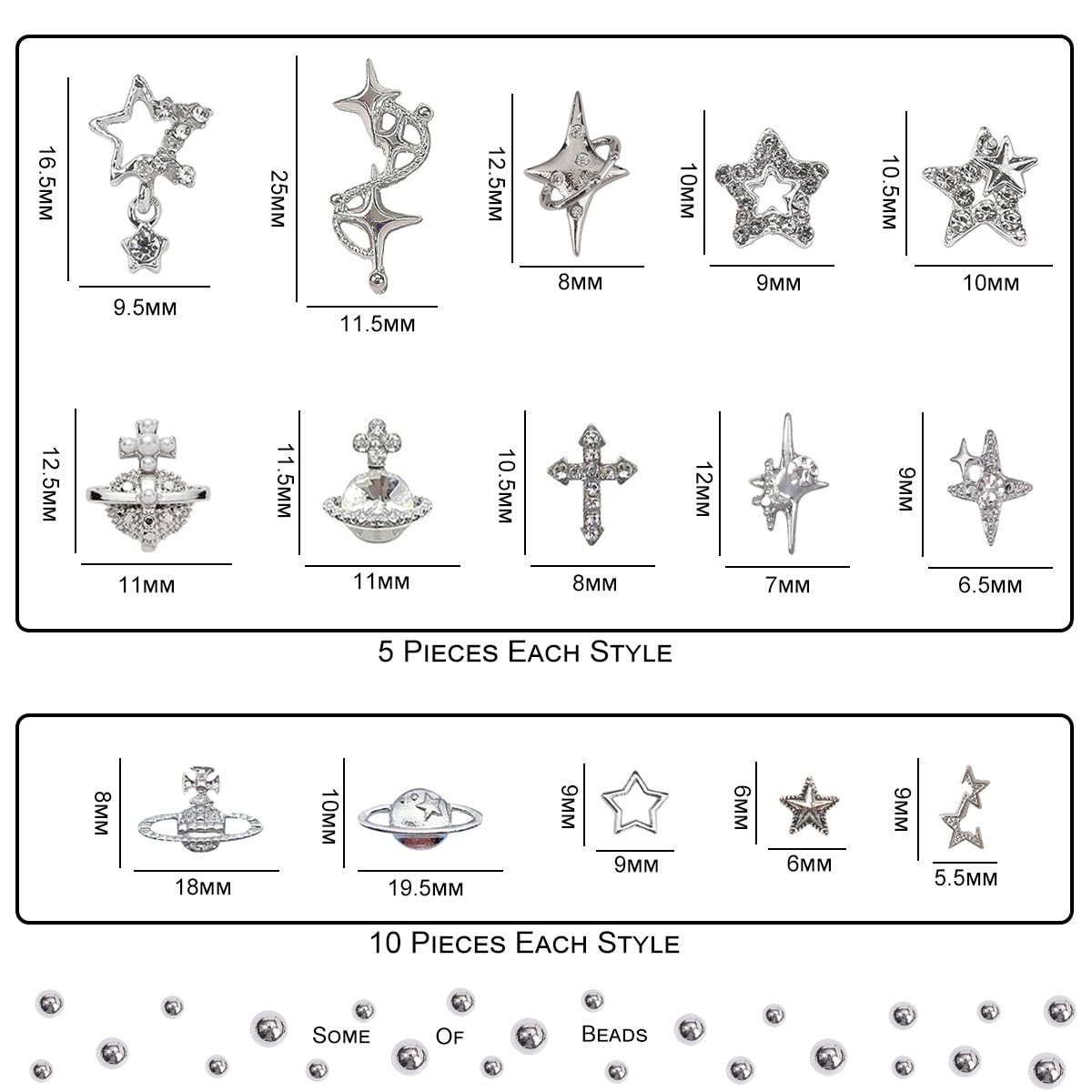 120+ Pcs Star Nail Charms Inlaid Rhinestones Gems, Silver Star Planet Cross N…