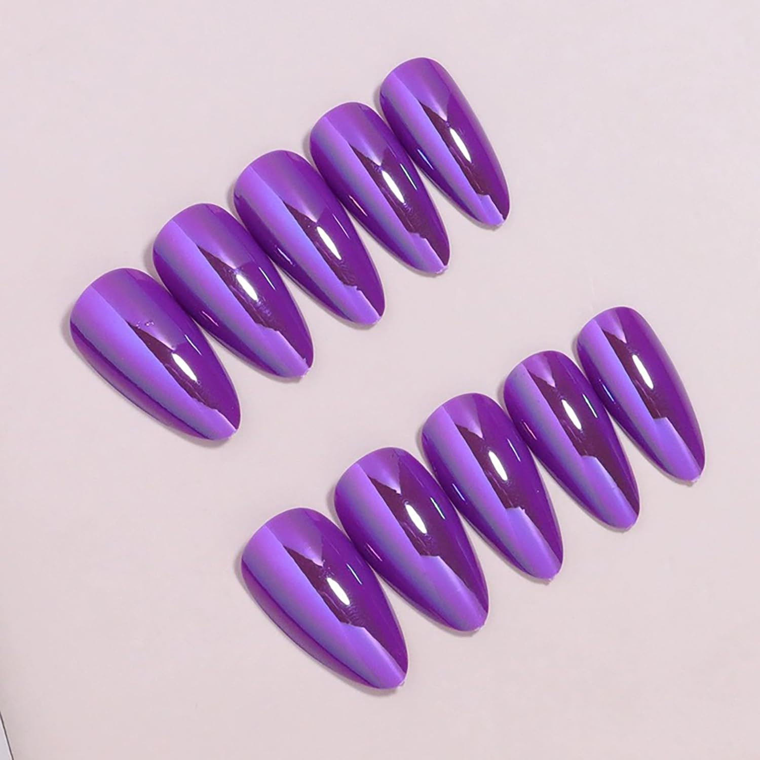 Purple Chrome Press on Nails Medium Almond Fake Nails Purple Metallic Mirror Fal