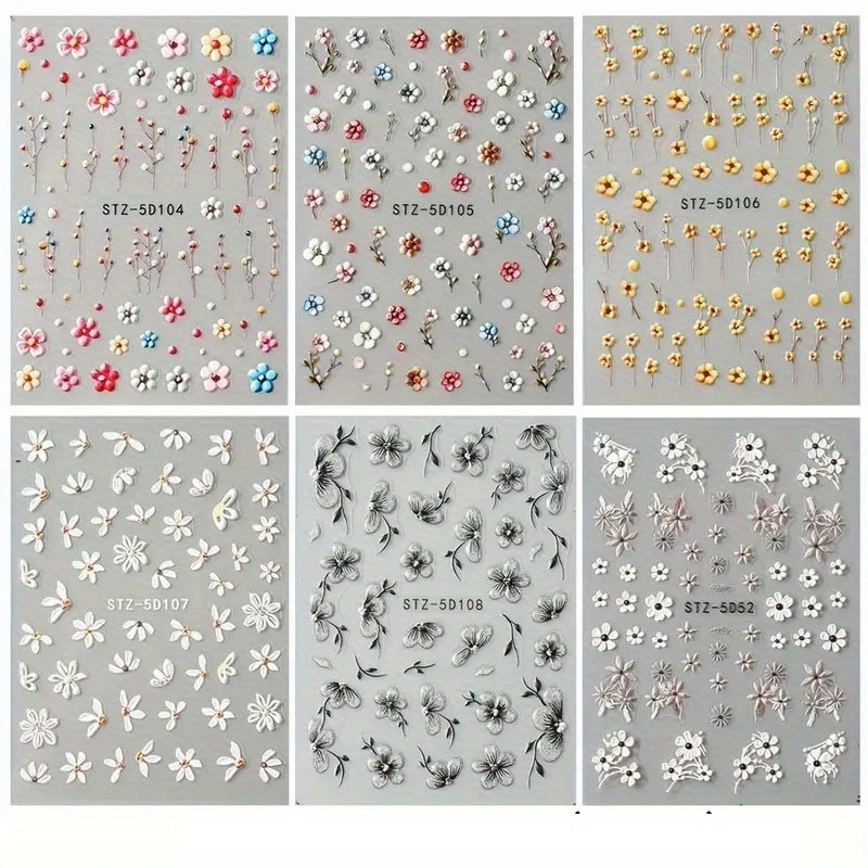 6PCS 5D Embossed Daisy Nail Stickers Shiny Self-Adhesive DIY Nail Glam Kit