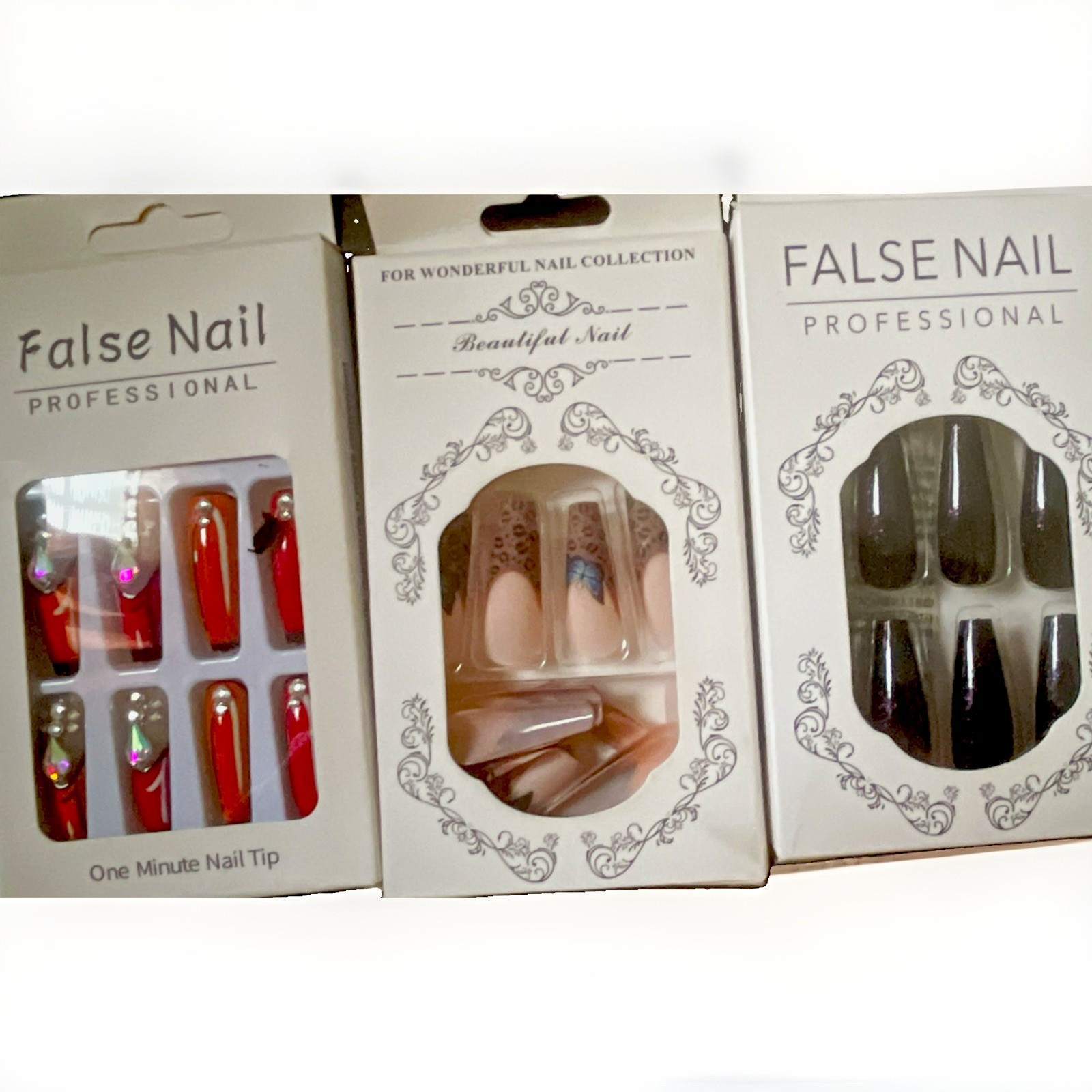 Pre-Designed Press-On Nails Set Red/Silver Shiny Full Cover for Finger