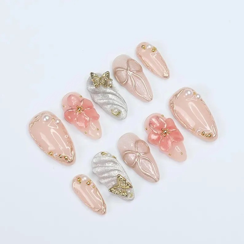 Blush Elegance Handmade Press-On Nails with 3D Flowers, Bows & Gold