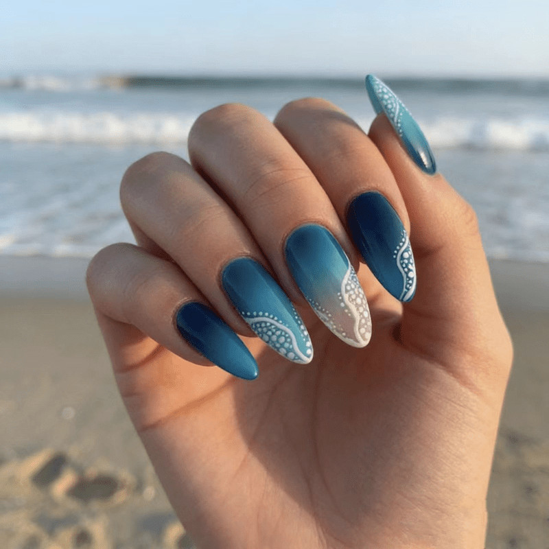 48 pieces of medium length almond nail, blues wave gradient, wearable nail art