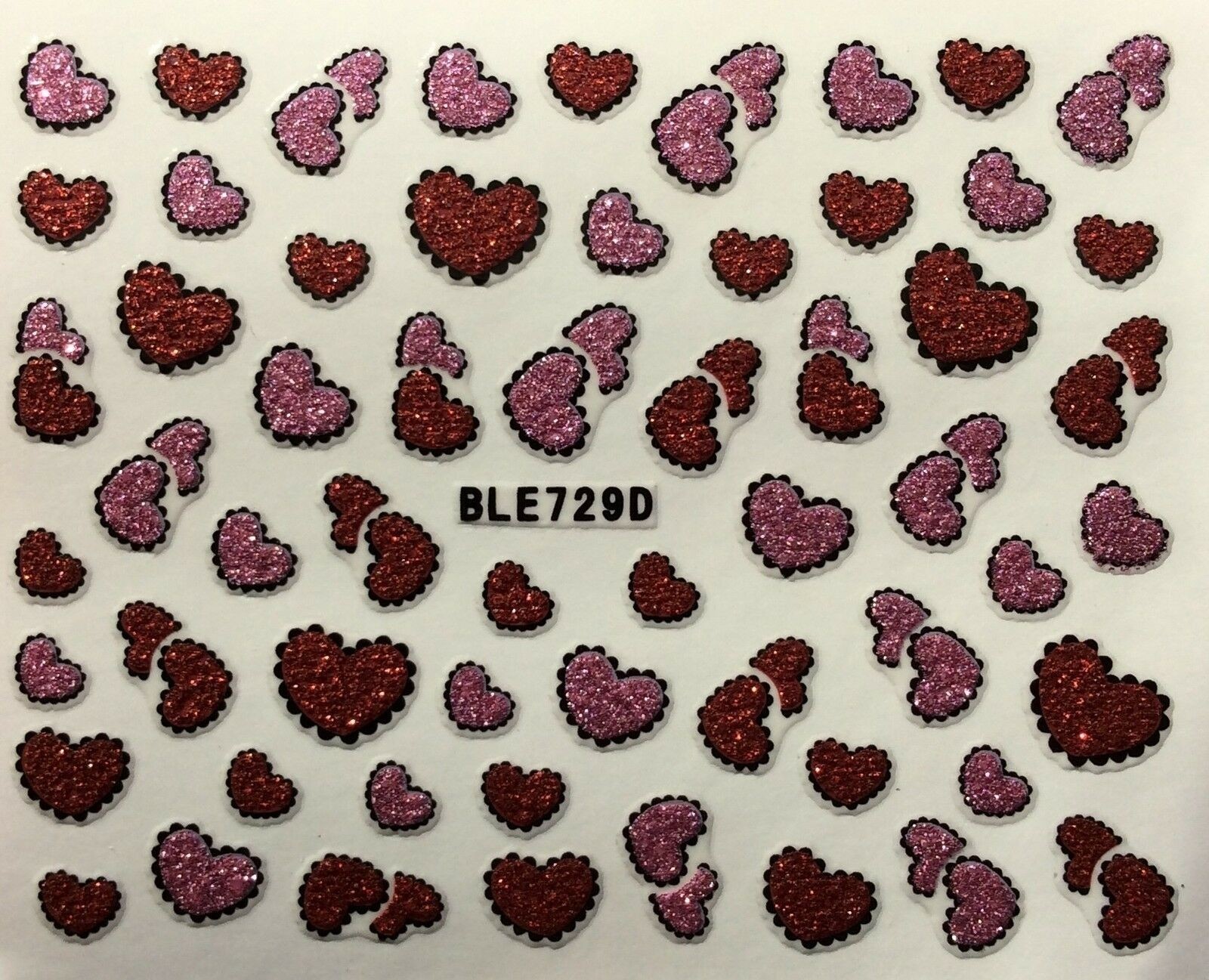 Nail Art 3D Decal Glitter Stickers Red Pink hearts BLE729D
