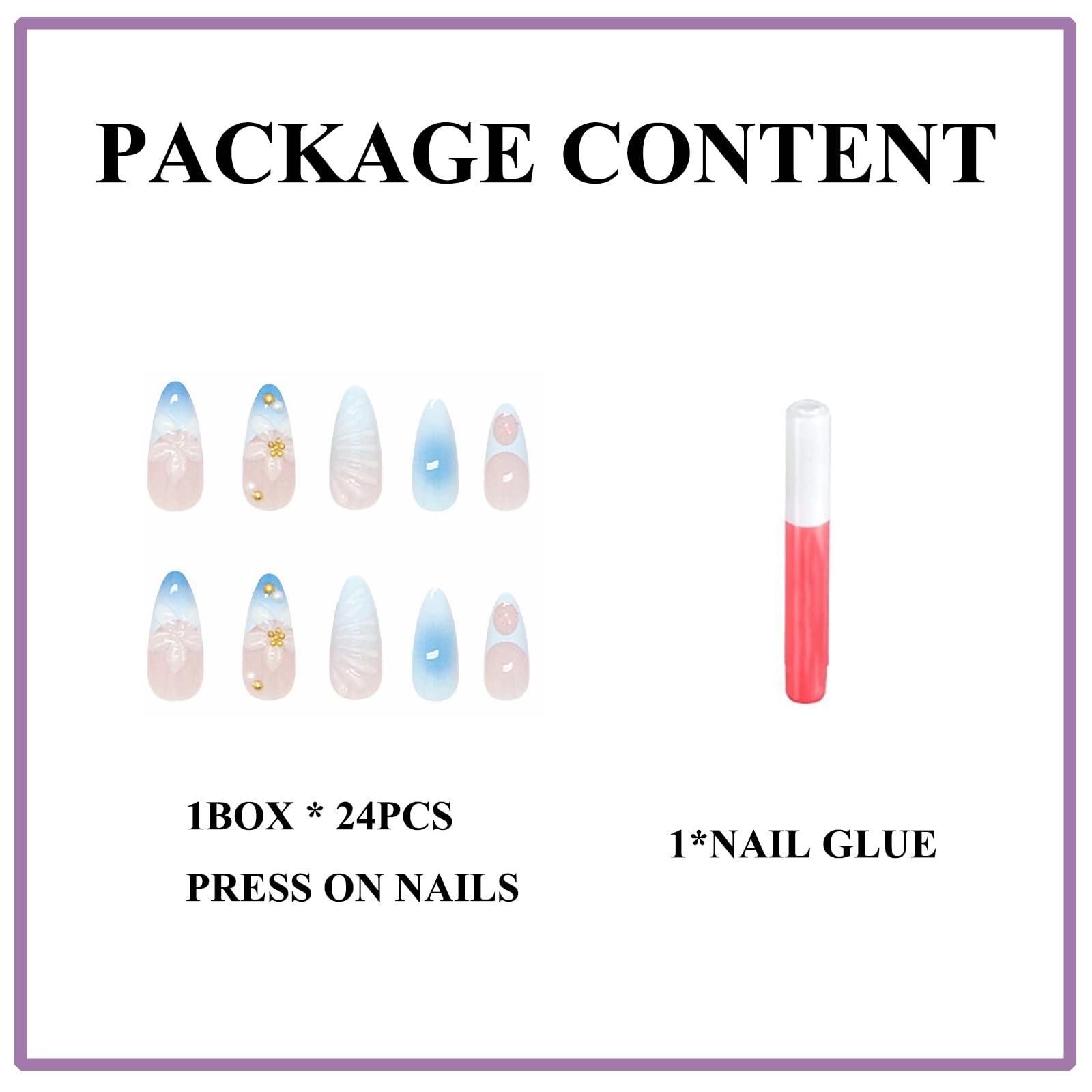 Press on Nails Almond Medium Blue Ombre French Tip Fake Nails Summer 3D Shell…