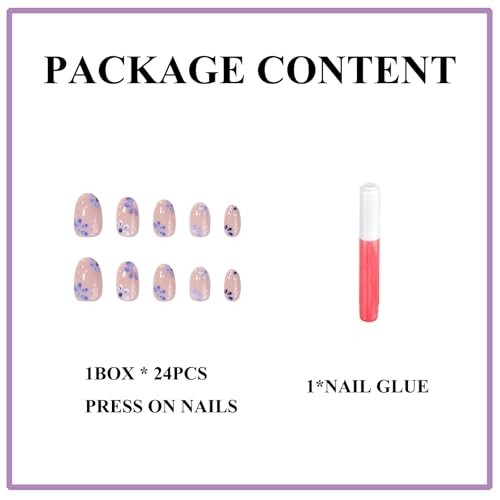 Oval Press on Nails – Blue Flower Fake Acrylic Nails Round – 0173e Blue