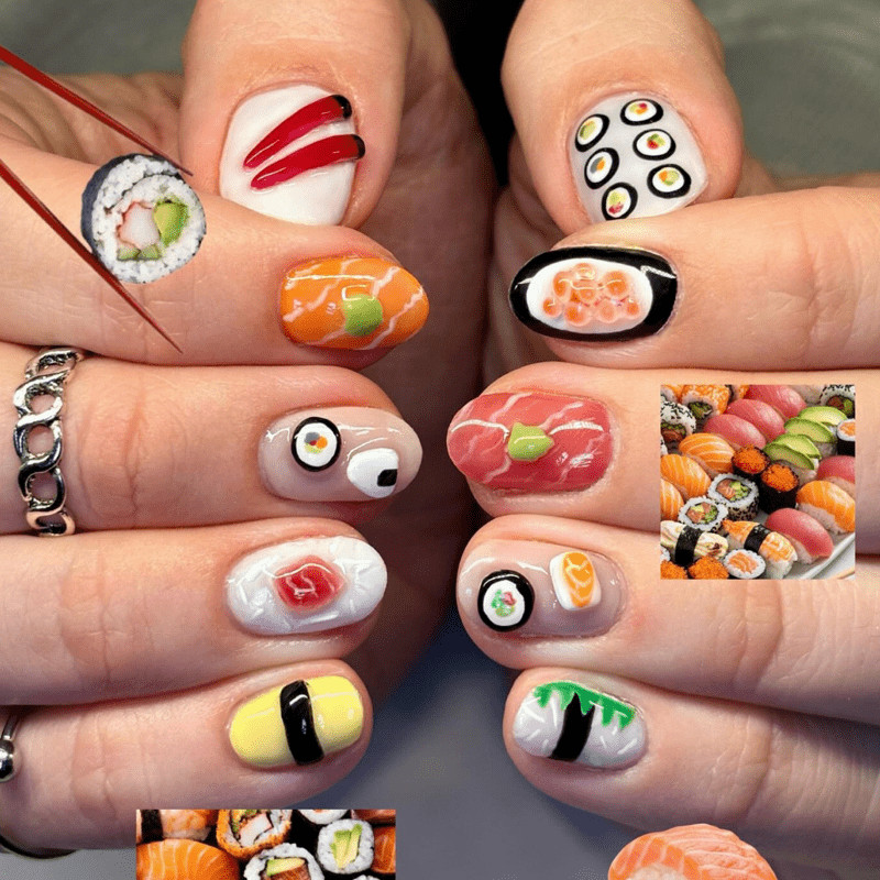 48pcs Oval Press on Nails, 3D Sushi Food Print Fun Cartoon Fashion Nail Art