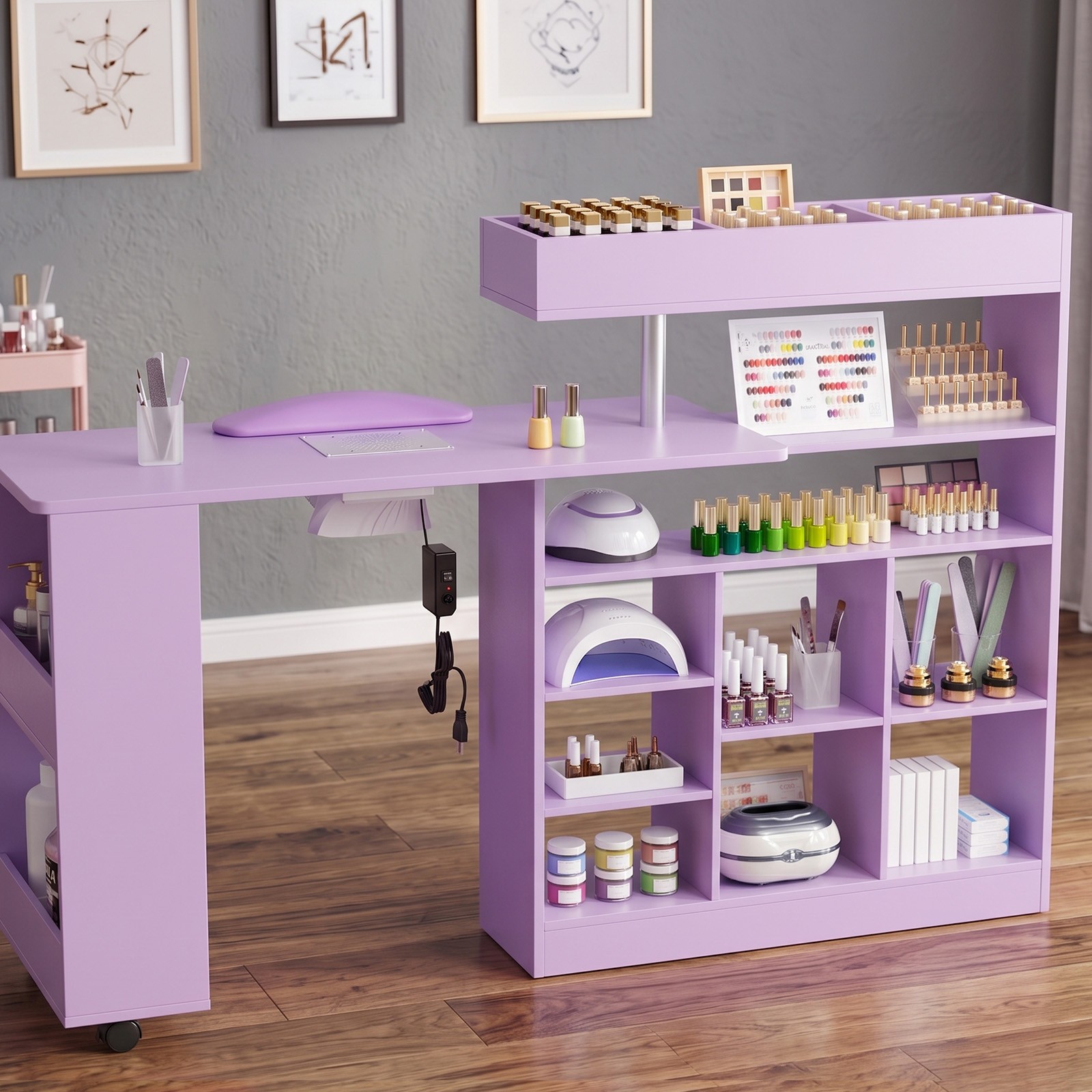 L Shaped Manicure Table with Wrist Rest & 180° Swivel Desktop and Dust Collector